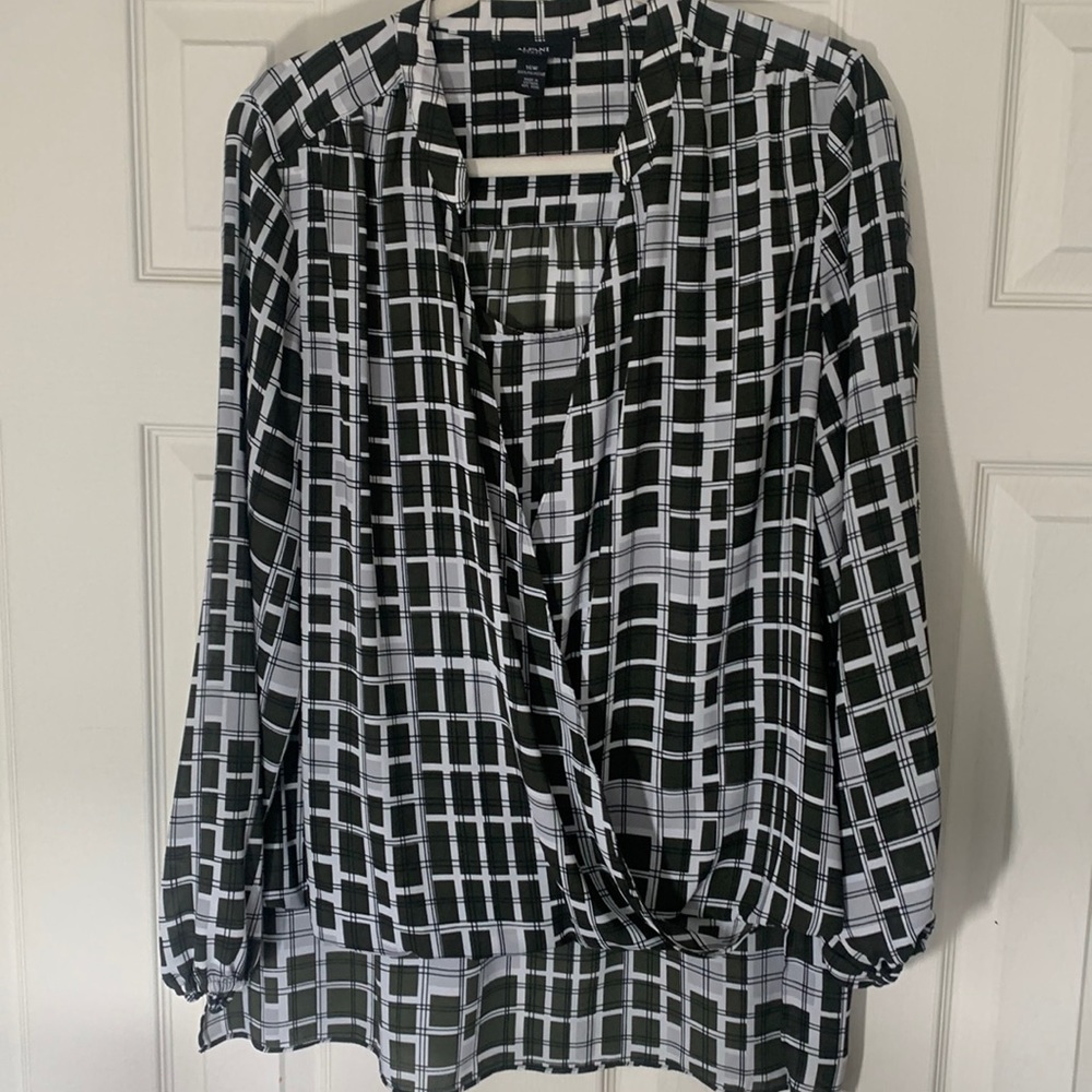 Alfani Womens Plus Sz Chiffon Printed Blouse Surplice High-Low Green Block Grids